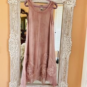 Vintage Dusty Pink Rayon Hand Dyed Sleeveless High Low Floral Bottom Dress Lg